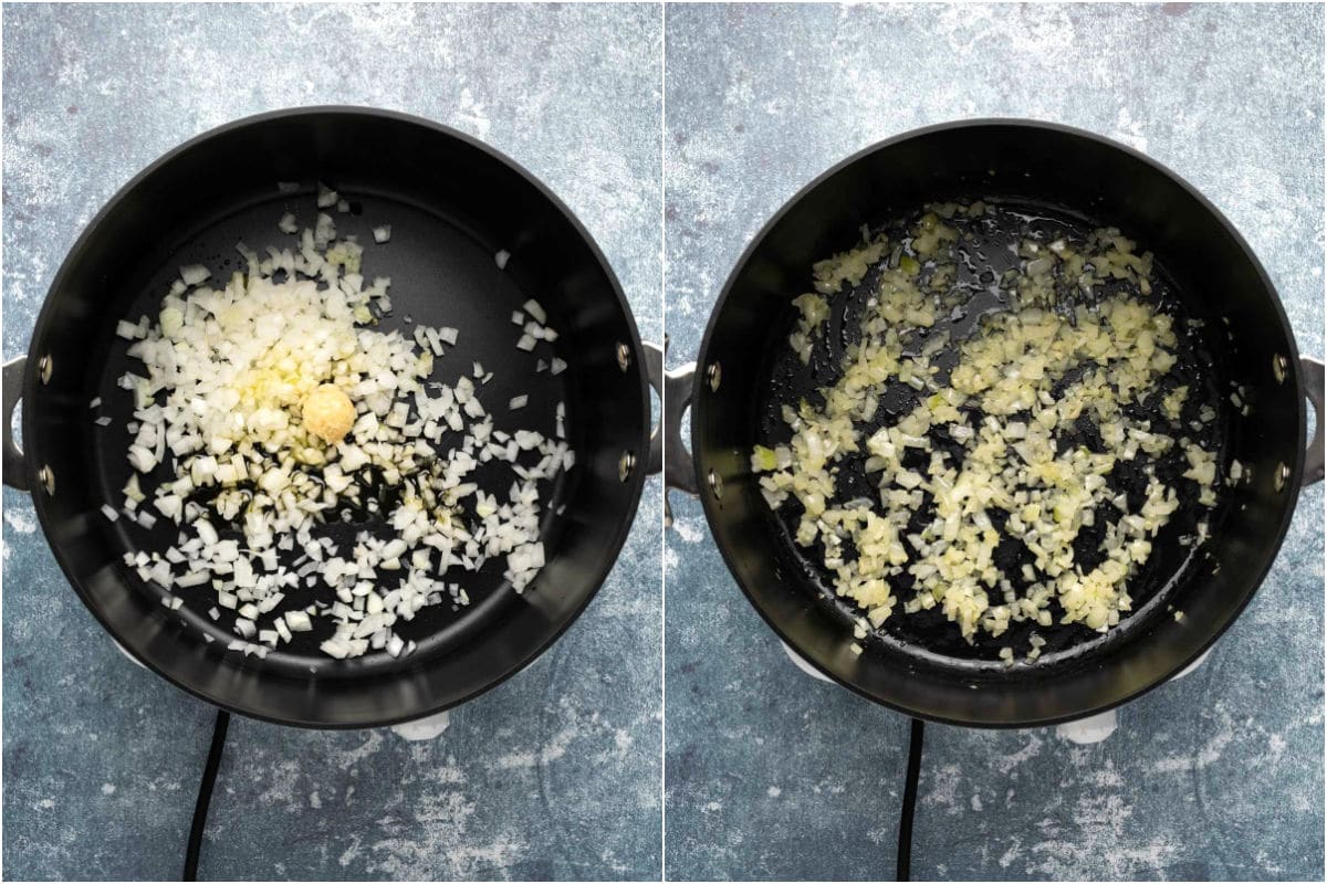 Two photo collage showing chopped onions, olive oil and garlic added to pot and sautéed until softened.