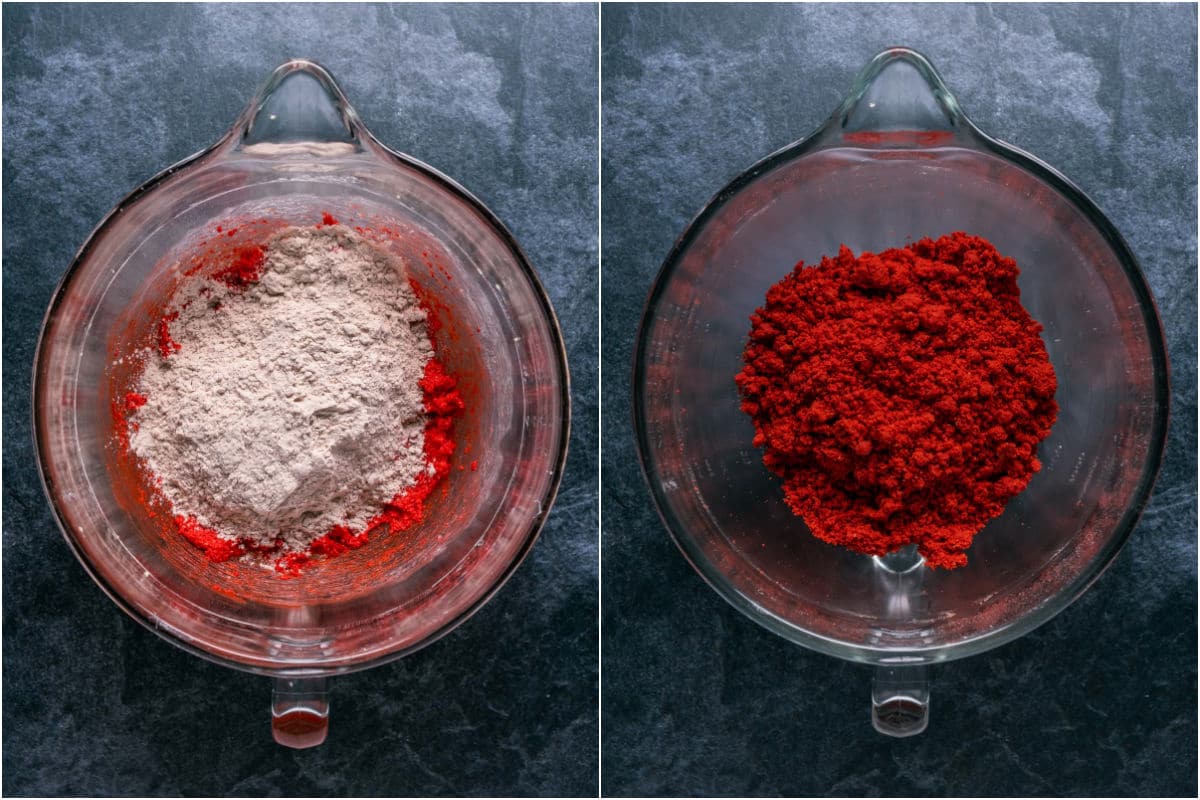 Collage of two photos showing dry ingredients added to wet and mixed in by hand into a crumbly cookie dough.