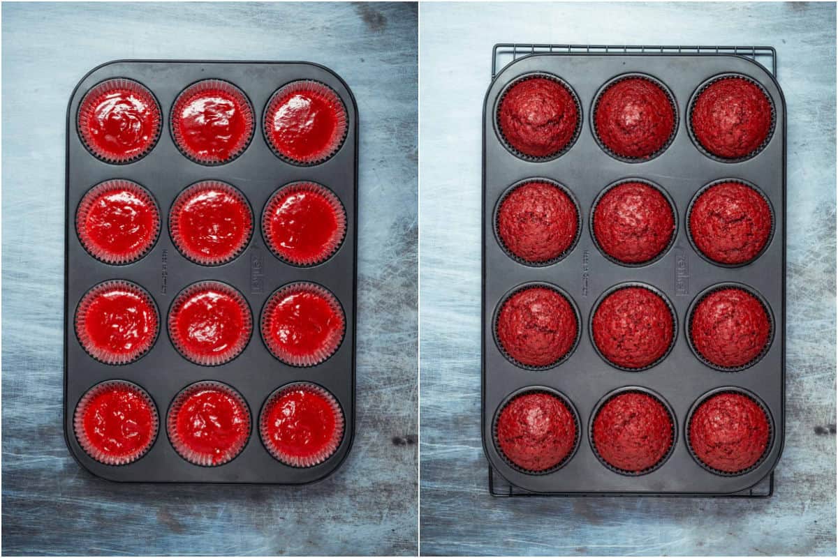 Collage of two photos showing red velvet cupcakes before and after baking.