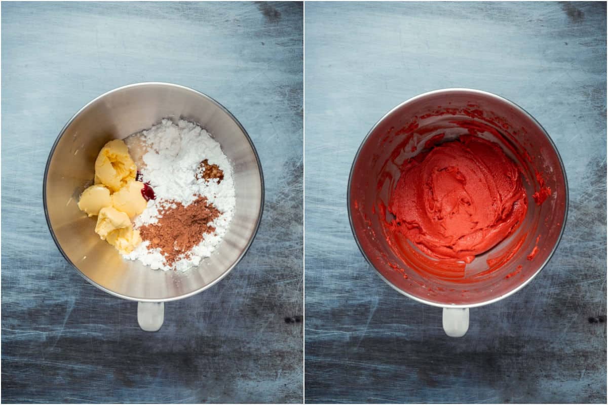 Two photo collage showing frosting ingredients added to stand mixer and mixed into frosting.