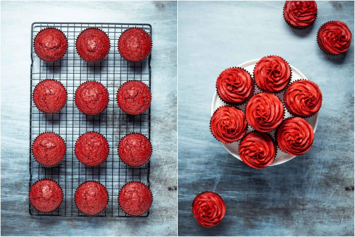 Two photo collage showing cupcakes on wire cooling rack and then frosted on a white cake stand.