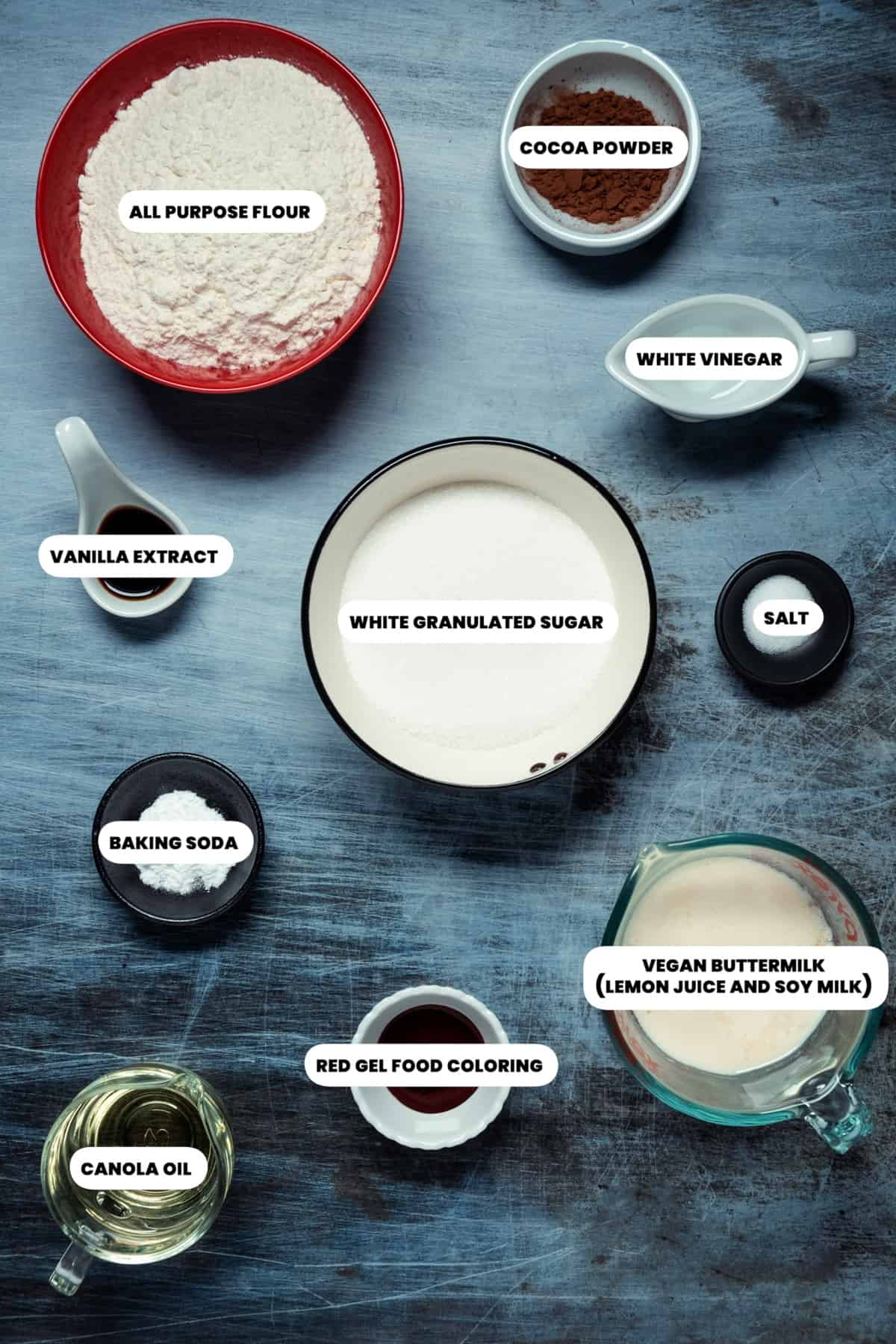 Photo of the ingredients needed to make vegan red velvet cupcakes.