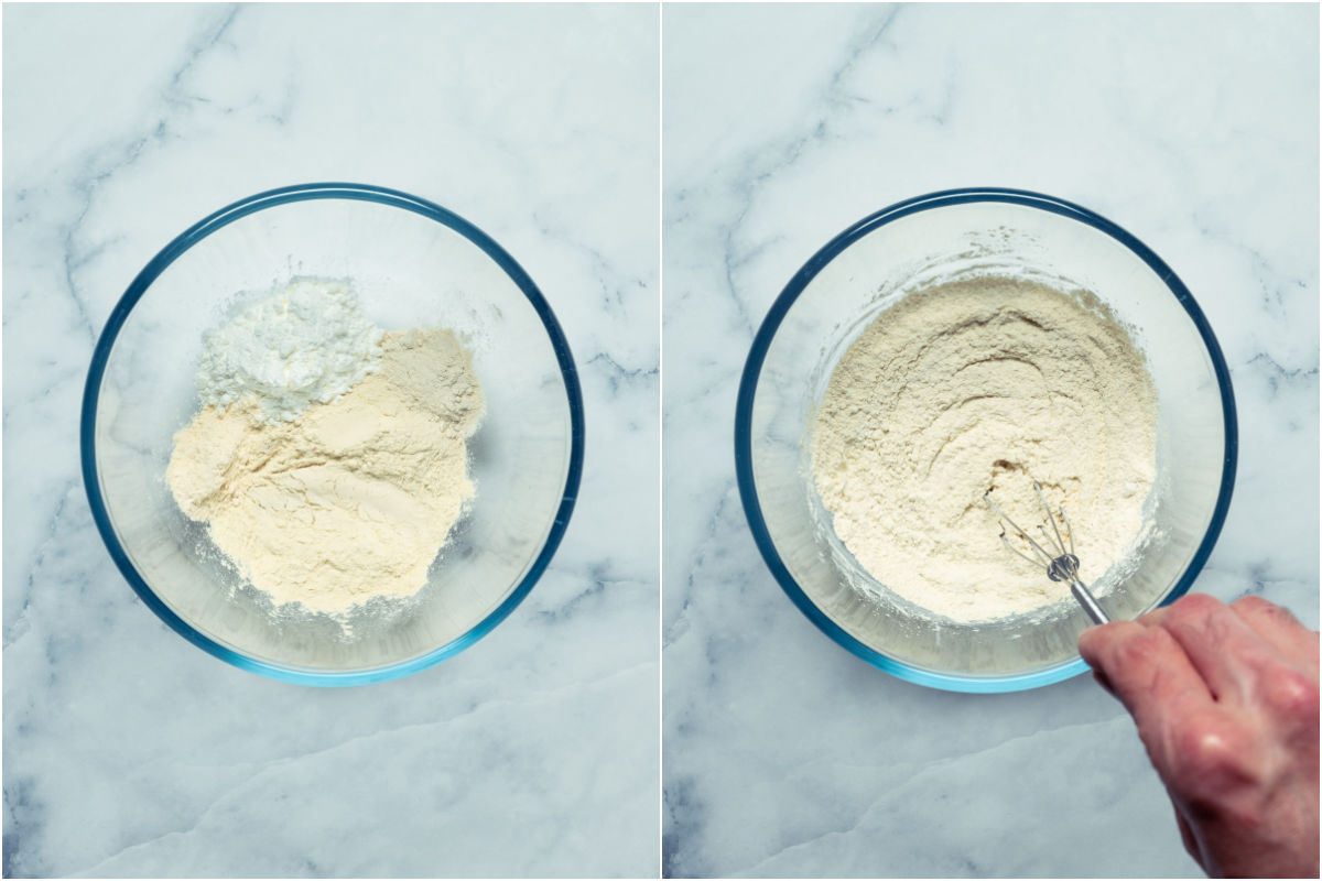 Collage of two photos showing dry ingredients for the white fat in a mixing bowl and then mixed together.