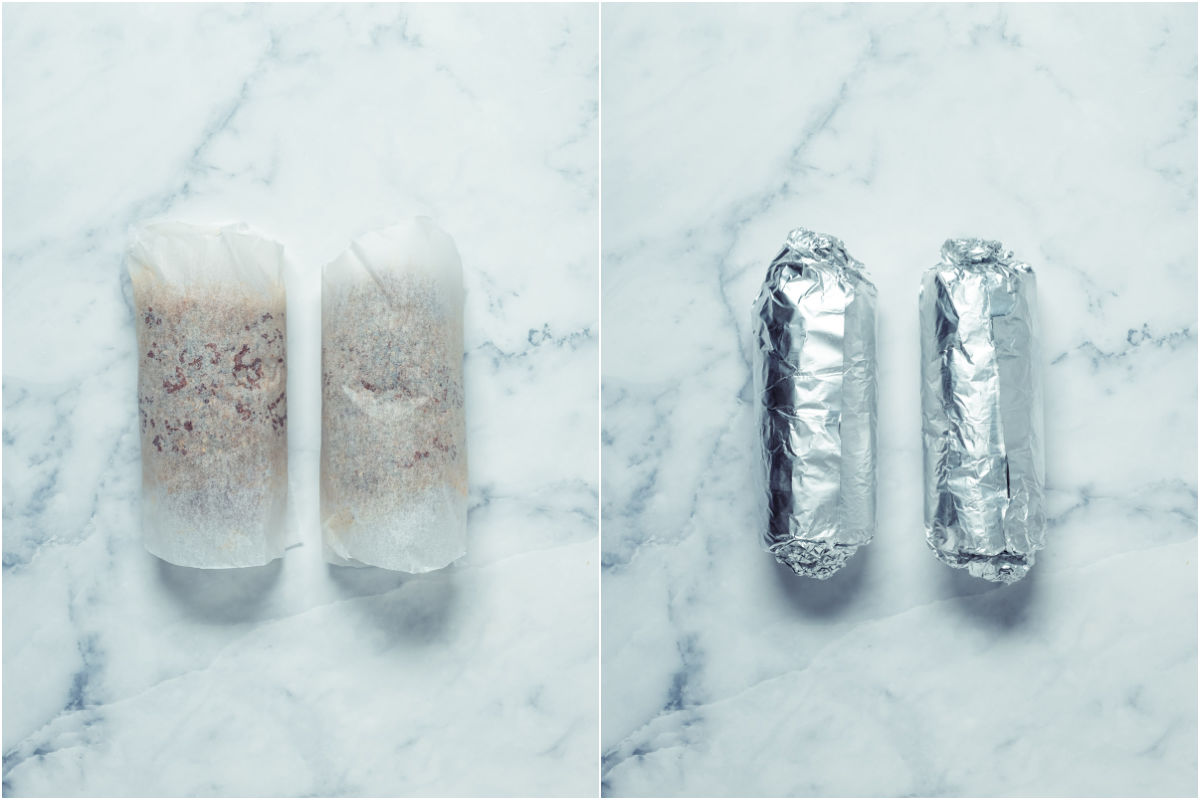 Two photo collage showing the two sausages rolled in parchment paper and then foil.