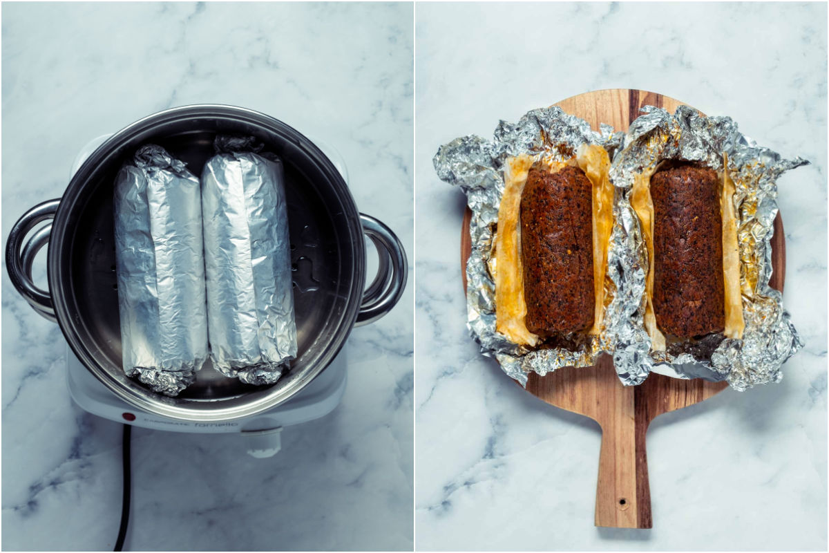 Two photo collage showing the foil wrapped sausages added to a steamer basket and steamed and then opened up on a wooden board.