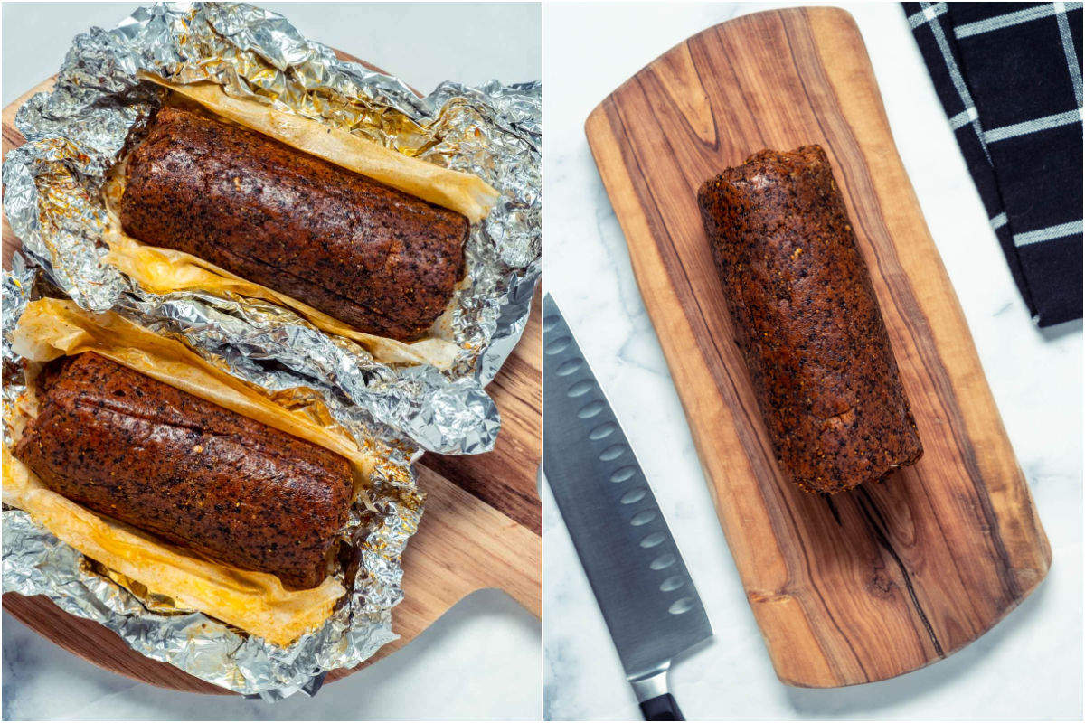 Two photo collage showing the steamed sausages with open foil and then one of the sausages ready to be sliced on a wooden board.