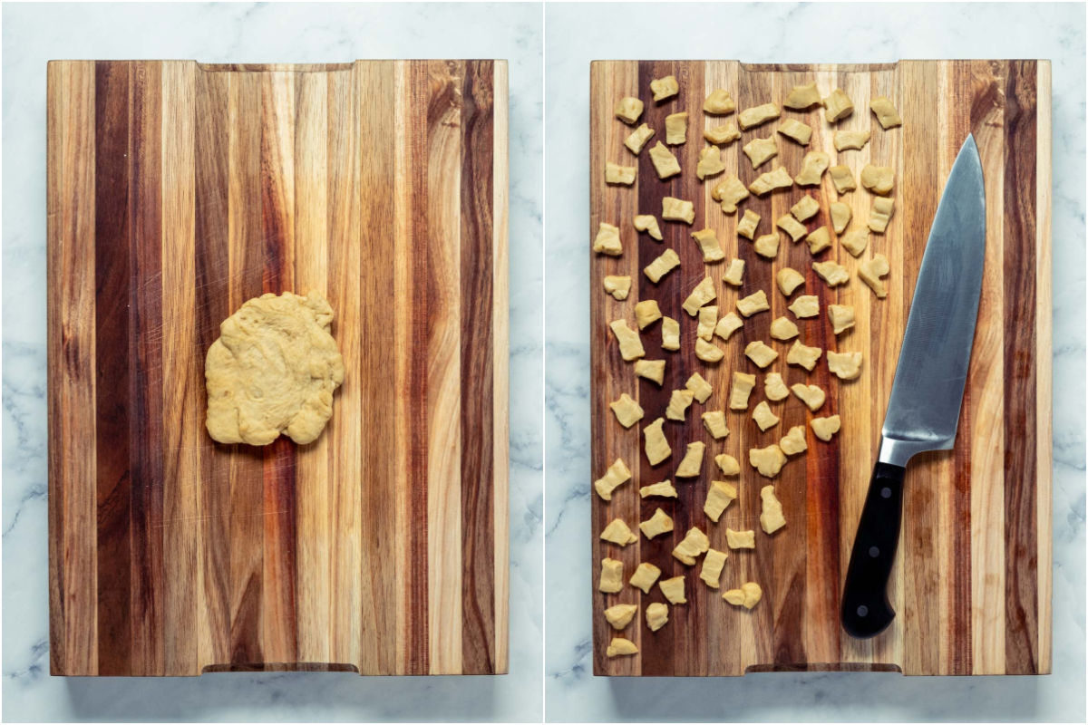 Two photo collage showing white fat dough placed onto wooden board and cut into small pieces.