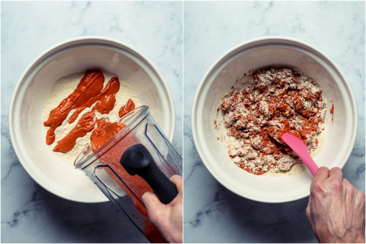Two photo collage showing wet ingredients added to dry in mixing bowl and mixed.
