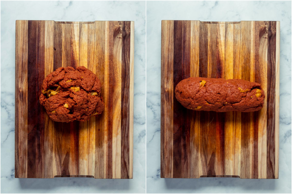 Two photo collage showing the red and white dough rolled up into a ball and then formed into a sausage shape.