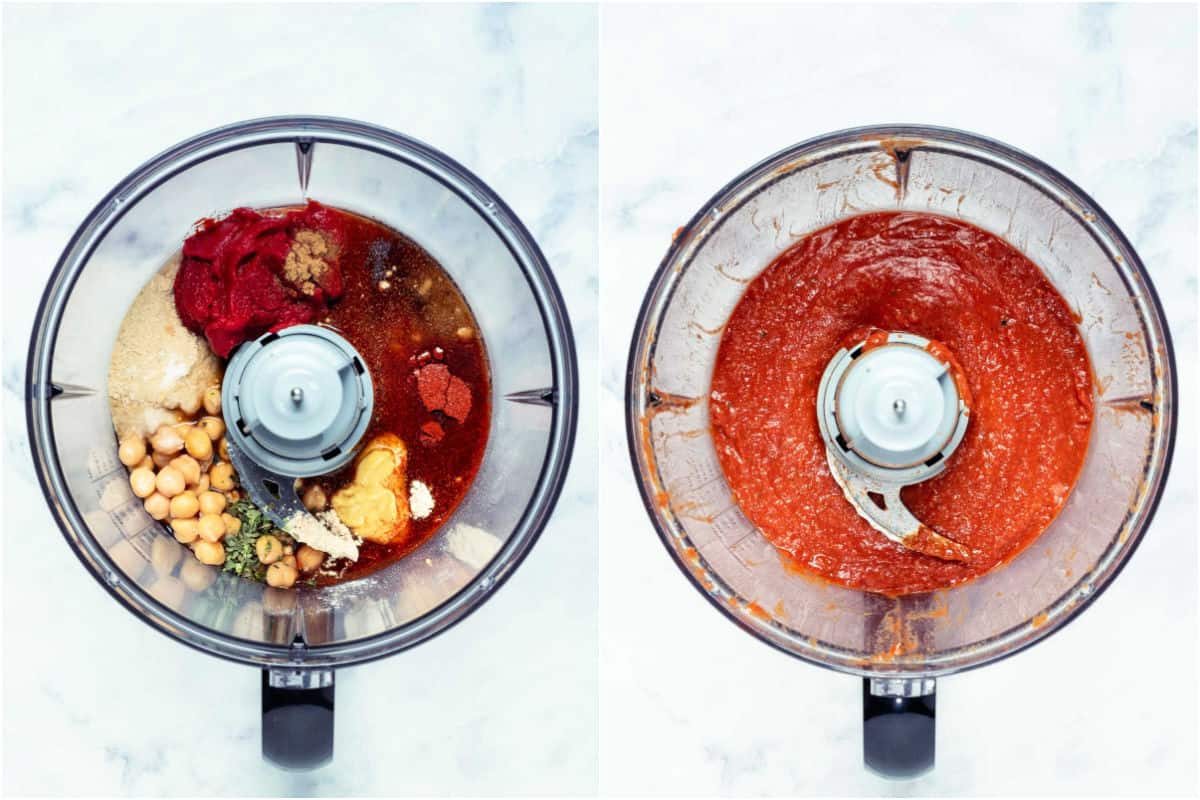 Two photo collage showing ingredients added to a food processor and then processed.