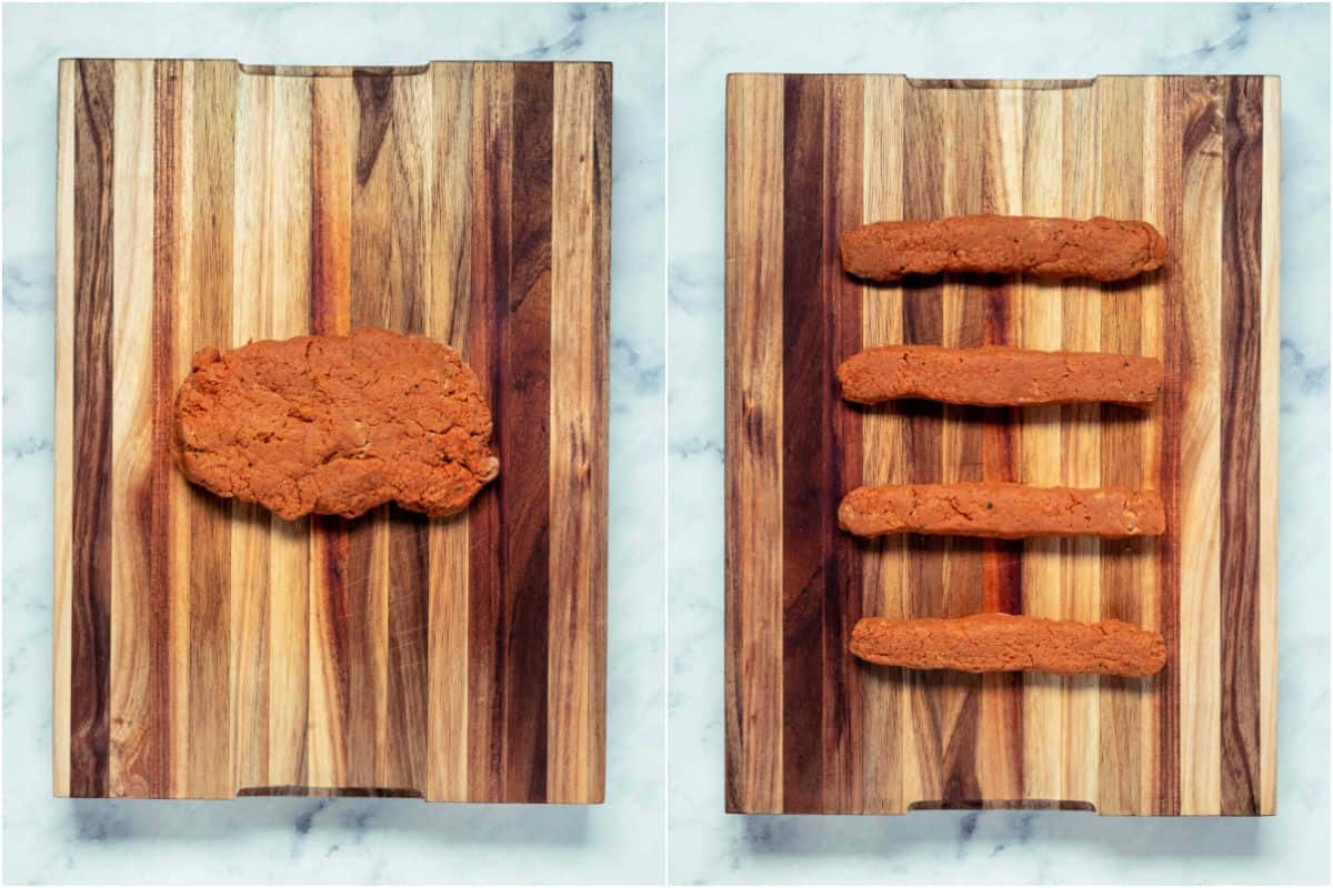 Collage of two photos showing dough on a wooden board and then cut into four pieces.