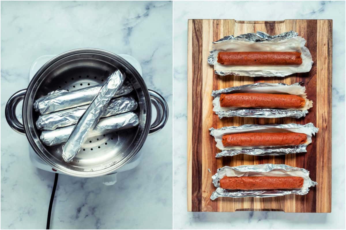 Collage of two photos showing foil covered sausages in steamer basket and then on a wooden board.