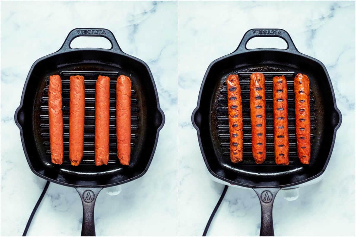Collage of two photos showing sausages on grill pan and then flipped over with the grill lines showing on the sausages.