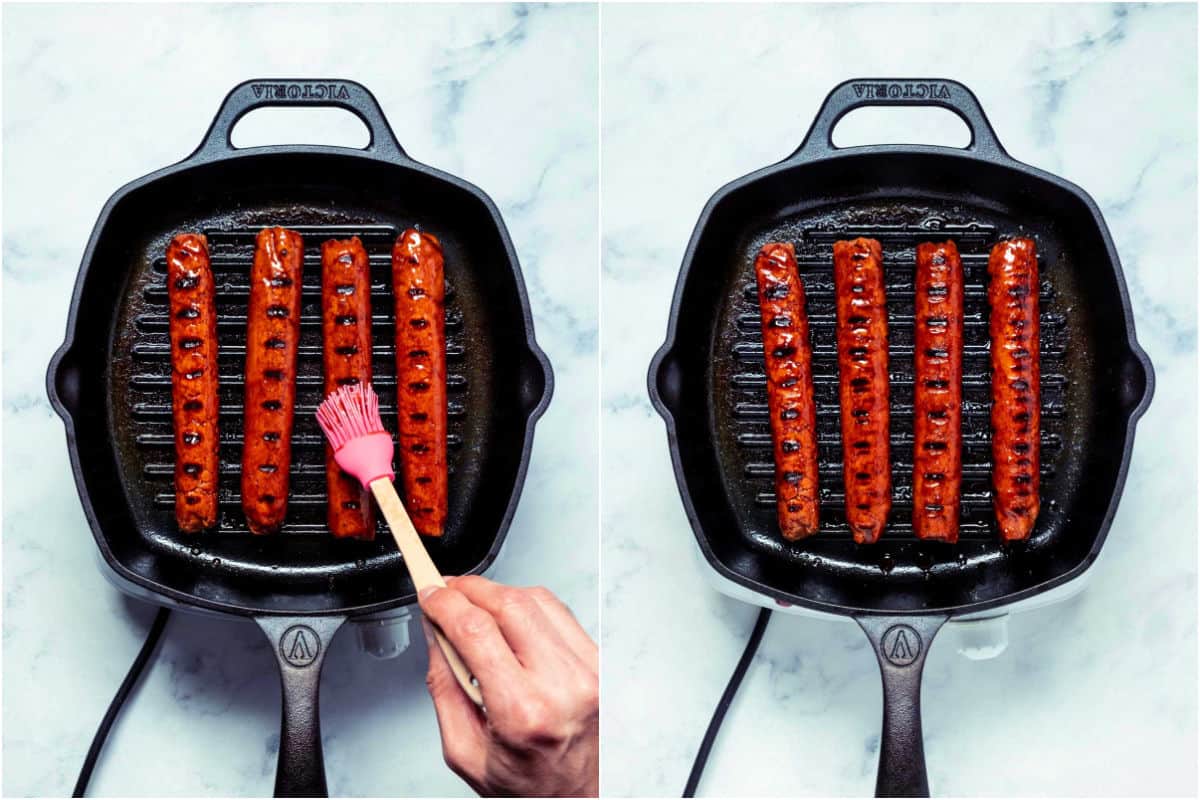 Collage of two photos showing marinade being brushed onto the sausages while they're frying in the grill pan.
