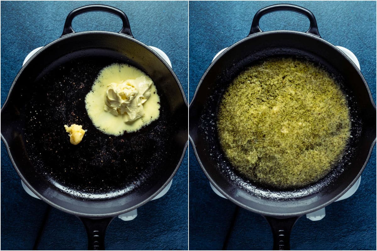 Two photo collage showing vegan butter and crushed garlic added to frying pan and sautéed.