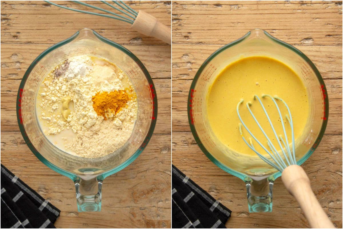 Collage of two photos showing ingredients added to a measuring jug and whisked together into a sauce. 
