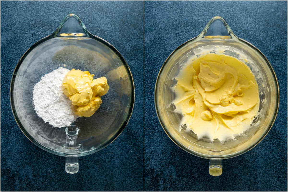 Two photo collage showing vegan butter and powdered sugar in a stand mixer and creamed together.