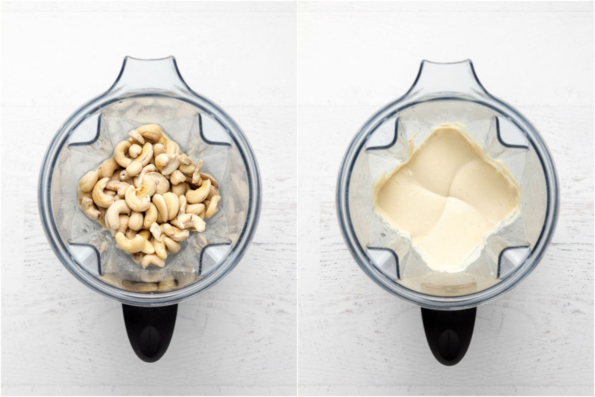 Two photo collage showing cashew nuts and other ingredients added to blender and blended. 