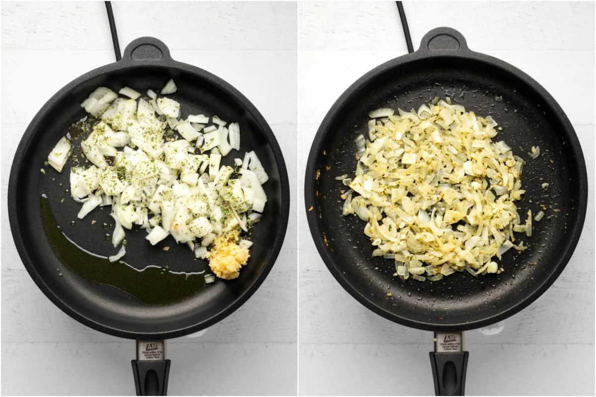 Two photo collage showing oil, onions, crushed garlic and oregano added to frying pan and sautéed.
