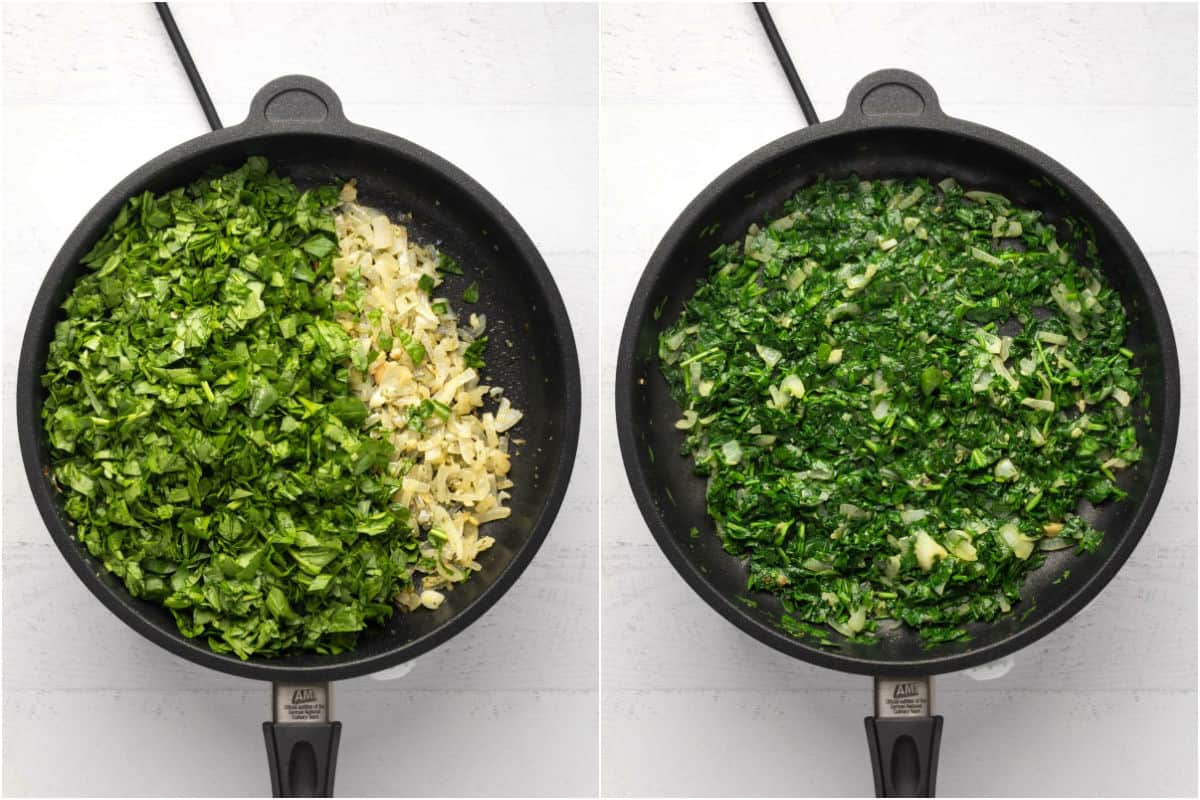 Two photo collage showing chopped spinach added to remaining onions in frying pan and sautéed.