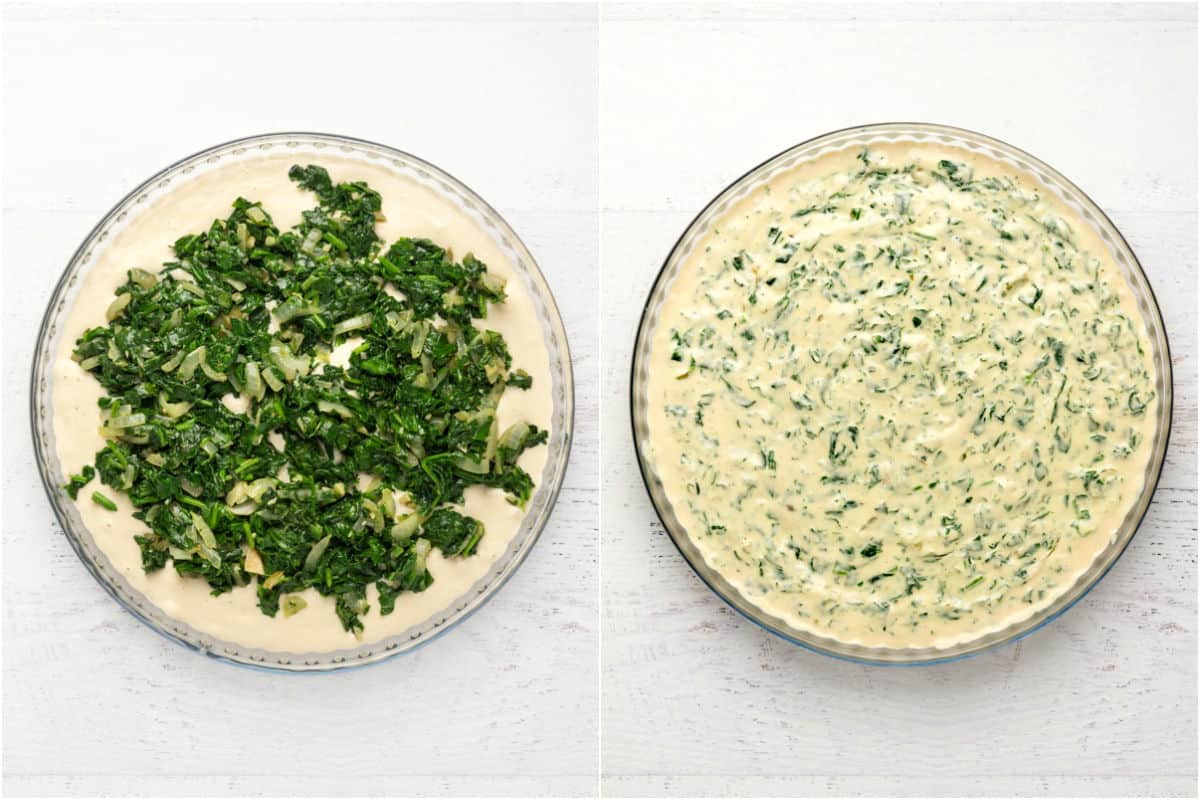 Two photo collage showing vegan cream cheese mix and sautéed onions and spinach added to baking dish and mixed together.