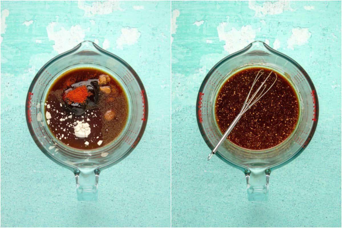 Two photo collage showing ingredients for a sauce added to measuring jug and then whisked together.