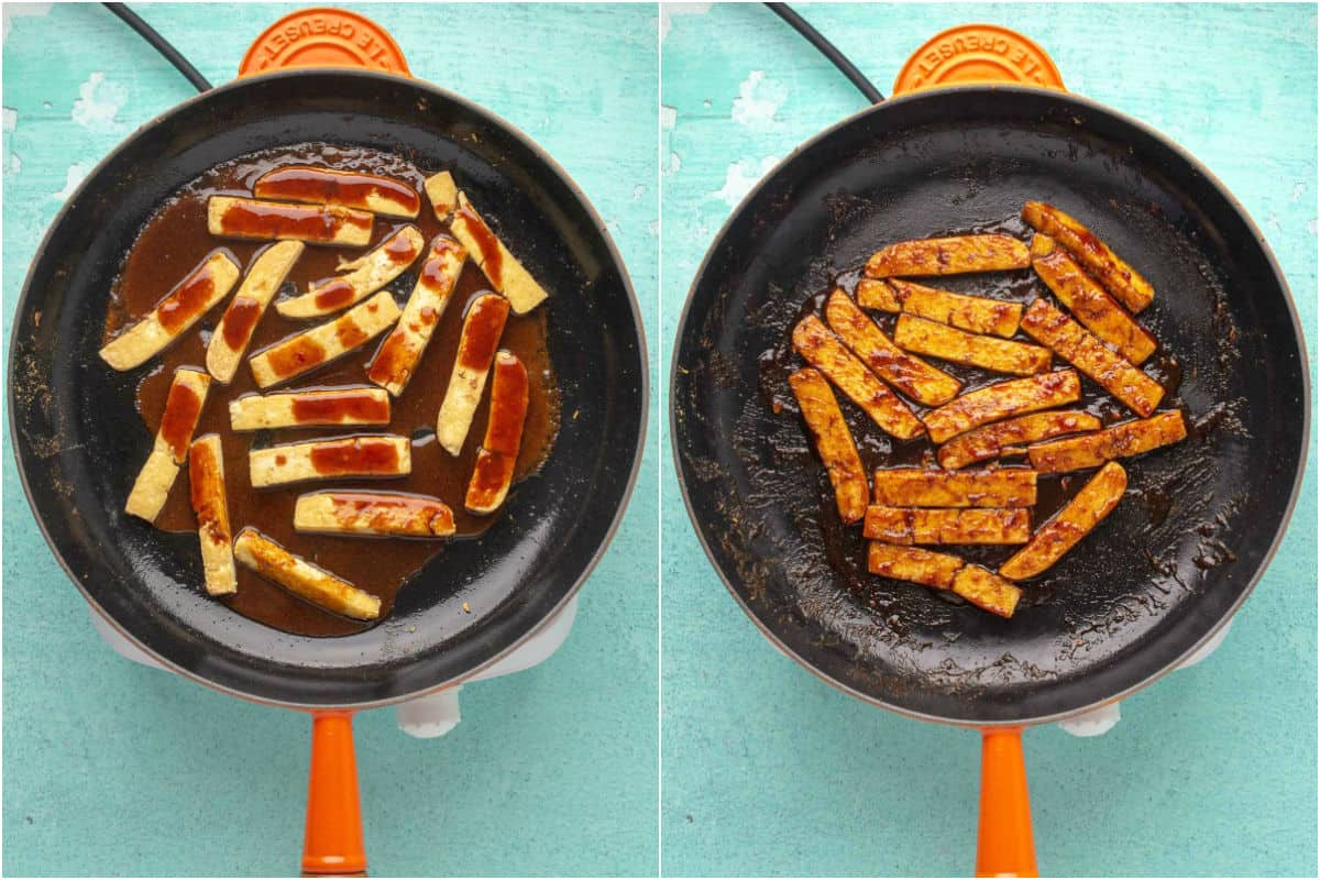 Two photo collage showing sauce added to tofu strips in frying pan and then sautéed with the tofu.