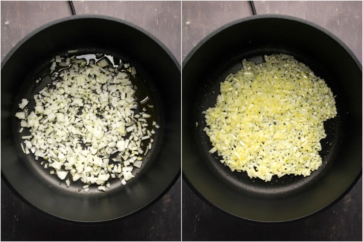 Two photo collage showing onions and olive oil added to pot and sautéed. 