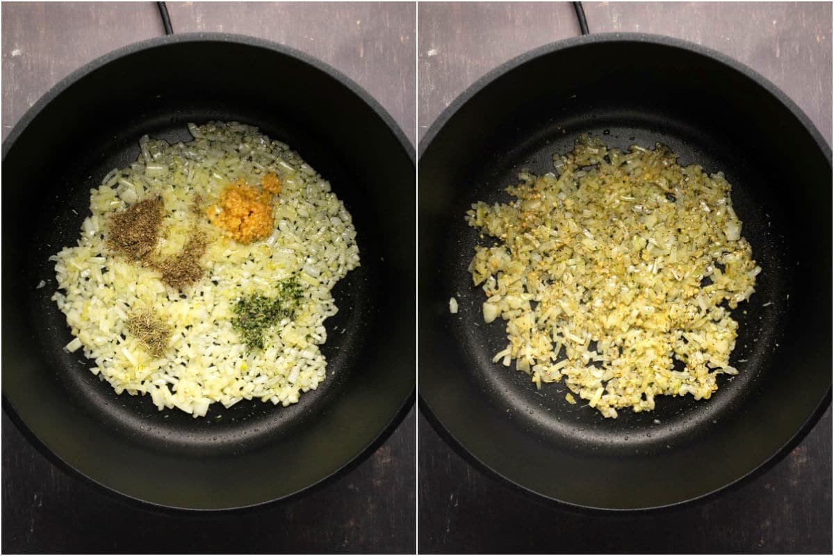 Two photo collage showing crushed garlic, thyme, rosemary and oregano added to pot and sautéed with the onions.