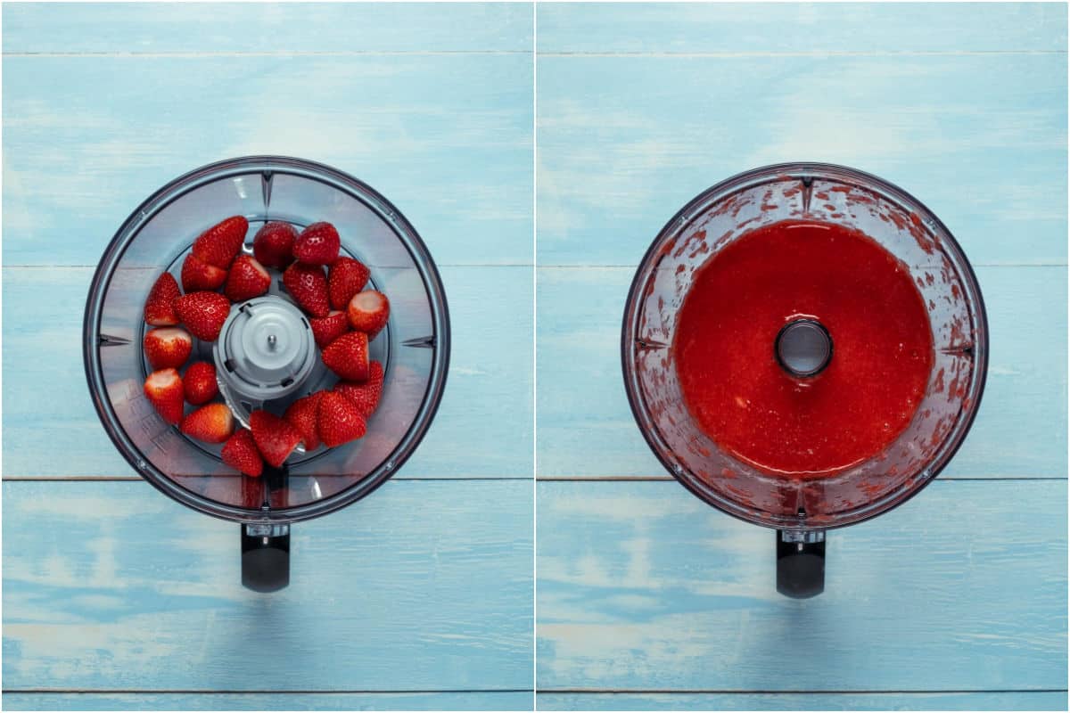 Two photo collage showing fresh strawberries added to food processor and processed into purée.