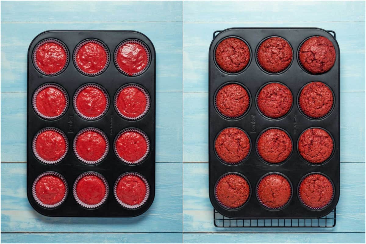Two photo collage showing strawberry cupcakes in the cupcake tray before and after baking.