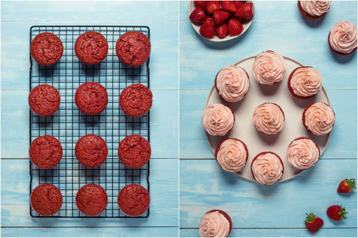 Two photo collage showing cupcakes on a wire cooling rack and then the frosted cupcakes on a white plate.