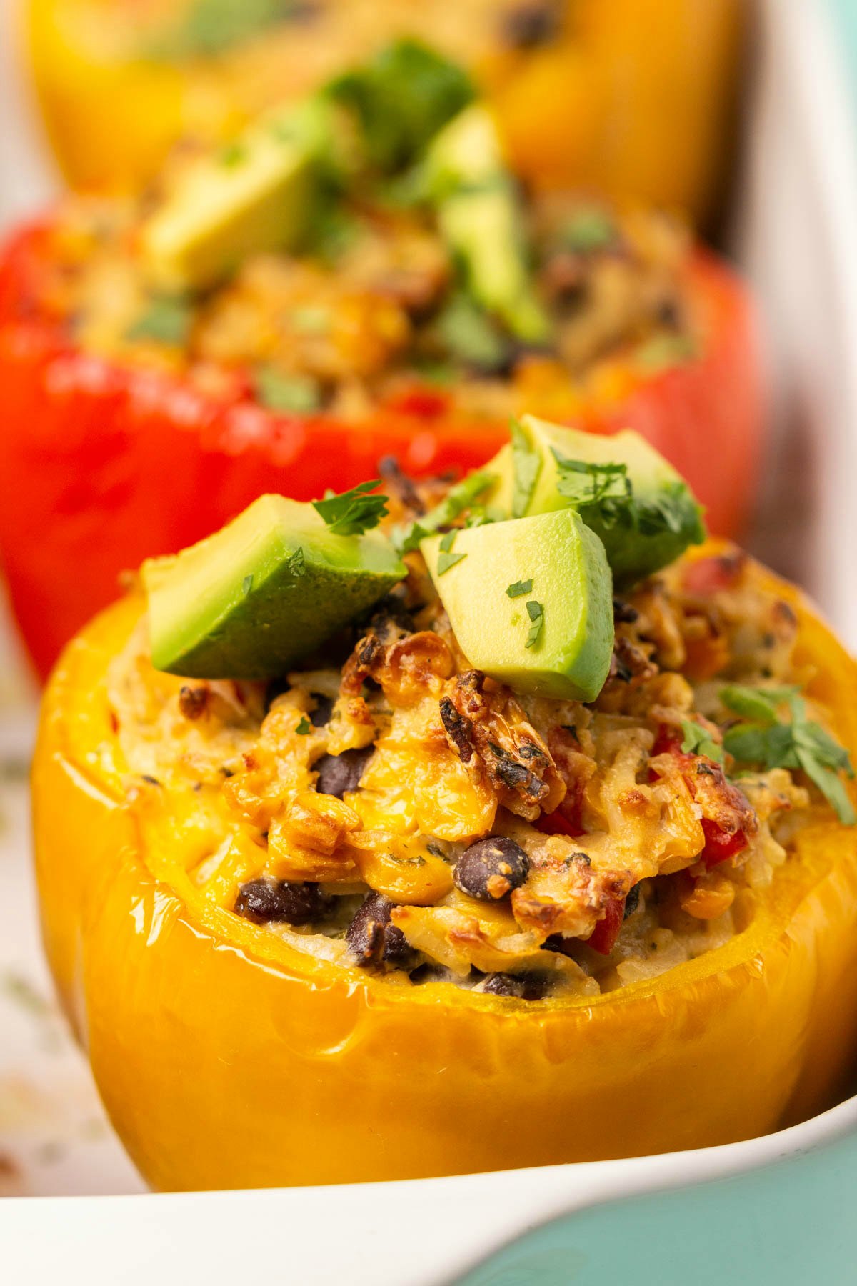 Vegan stuffed peppers topped with chopped avocado and cilantro. 