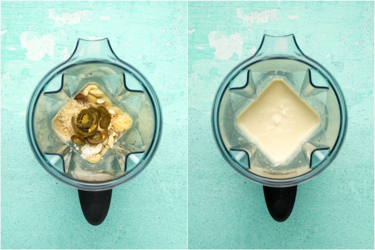 Collage of two photos showing ingredients added to blender jug and blended.