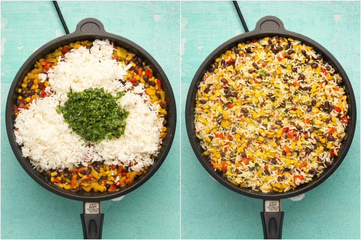 Two photo collage showing cooked basmati rice and chopped cilantro added to frying pan and mixed in.