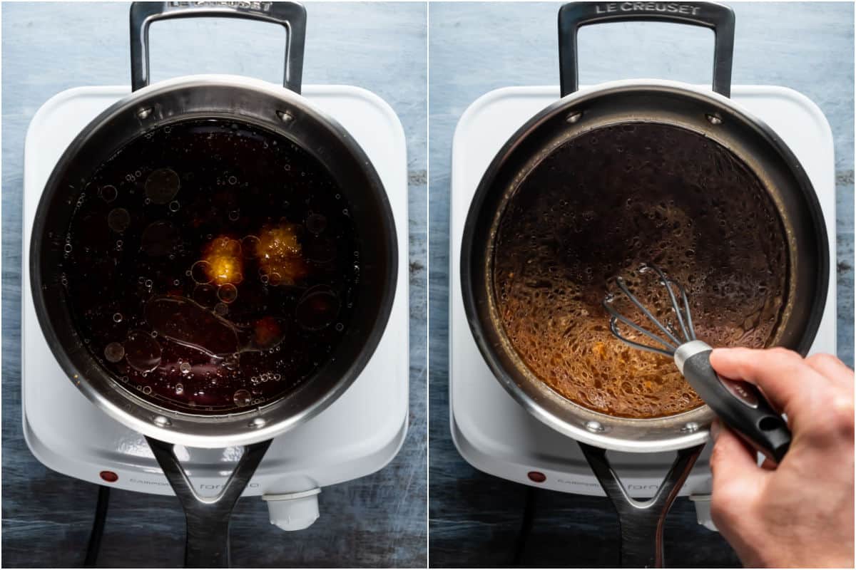 Two photo collage showing ingredients added to saucepan and brought to a simmer.