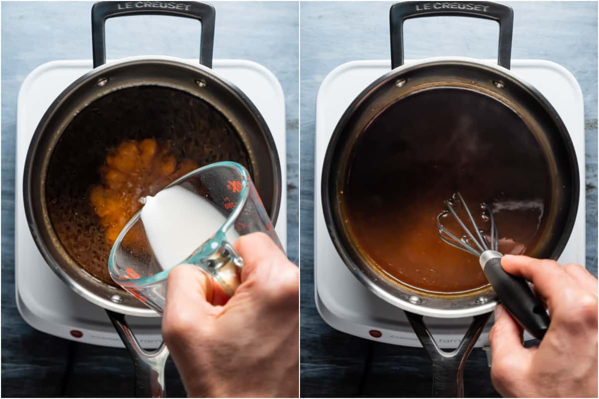Two photo collage showing cornstarch slurry added to saucepan and whisked in.