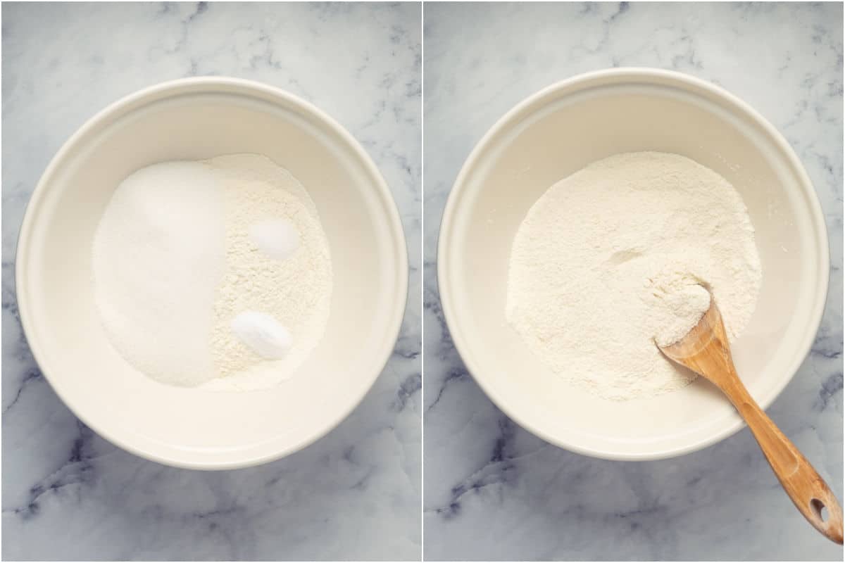 Collage of two photos showing dry ingredients in mixing bowl and mixed together.