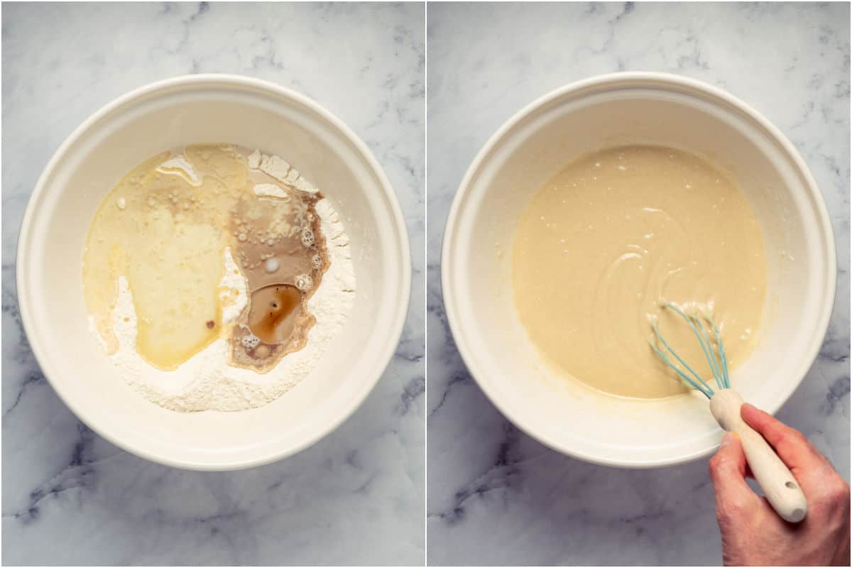 Collage of two photos showing wet ingredients added to dry and mixed into a cake batter.