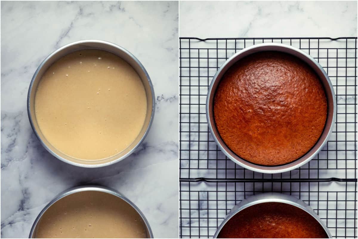 Collage of two photos showing cake before and after baking.