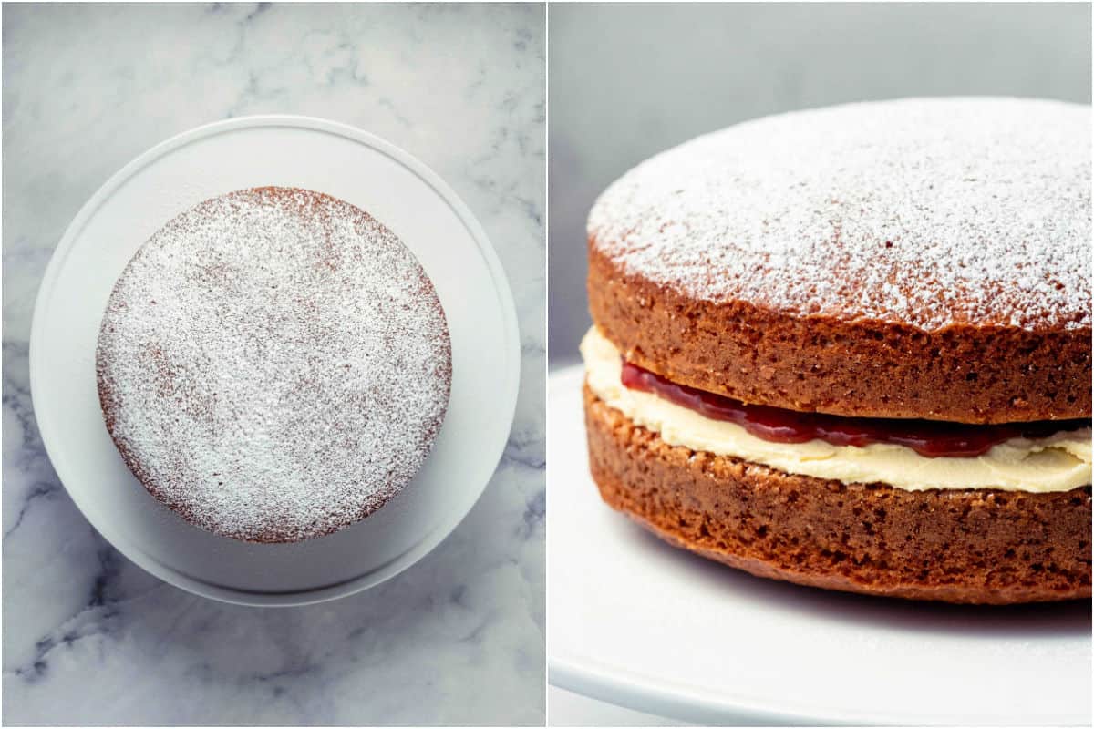 Collage of two photos showing powdered sugar added to top of cake and then a side view of the whole cake.