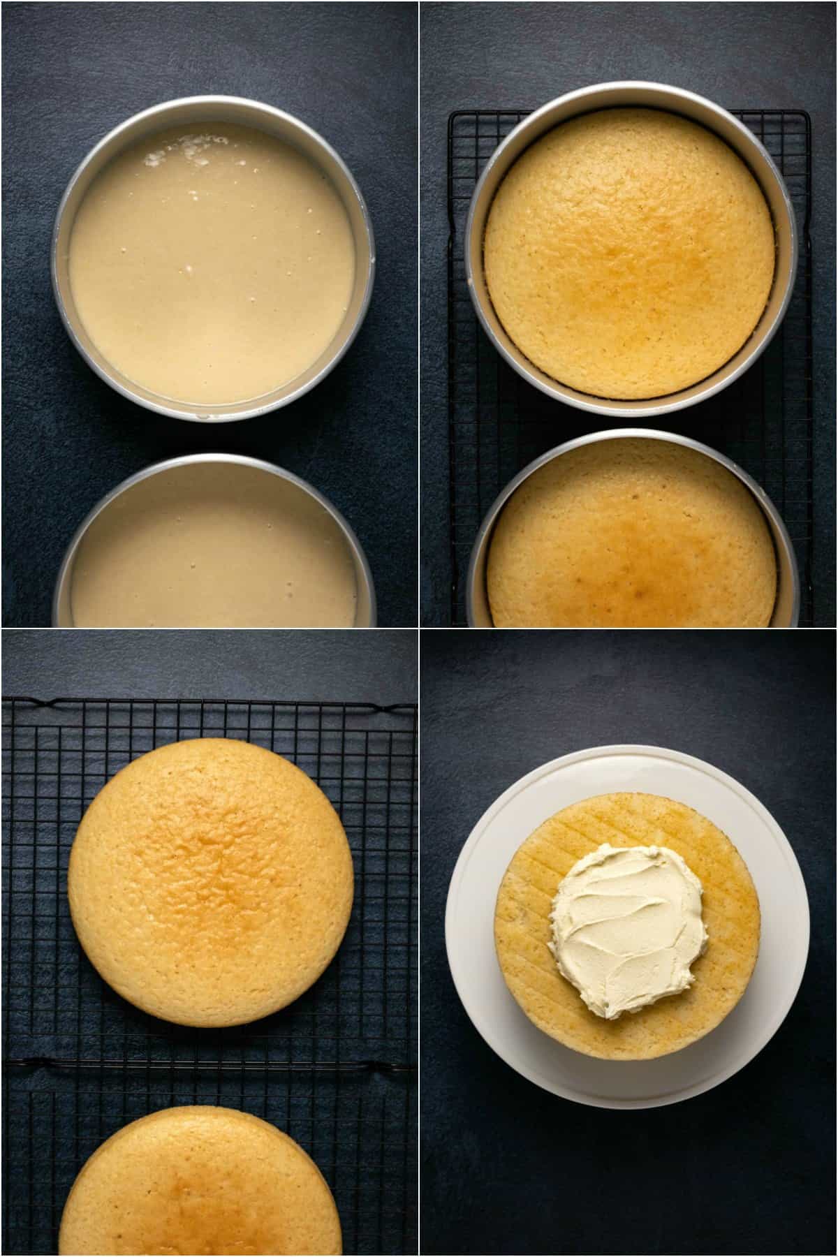 Step by step process photo collage of making a vegan white cake.