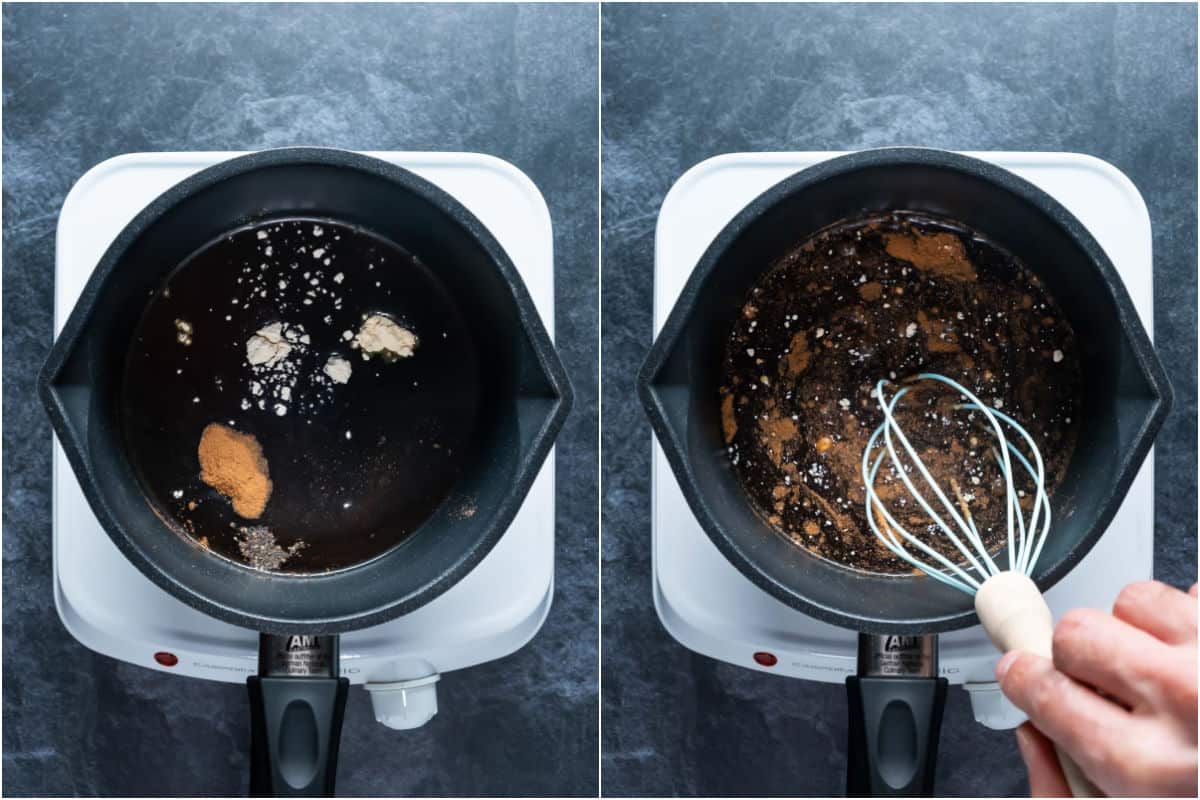 Two photo collage showing ingredients for worcestershire sauce added to saucepan and whisked together.