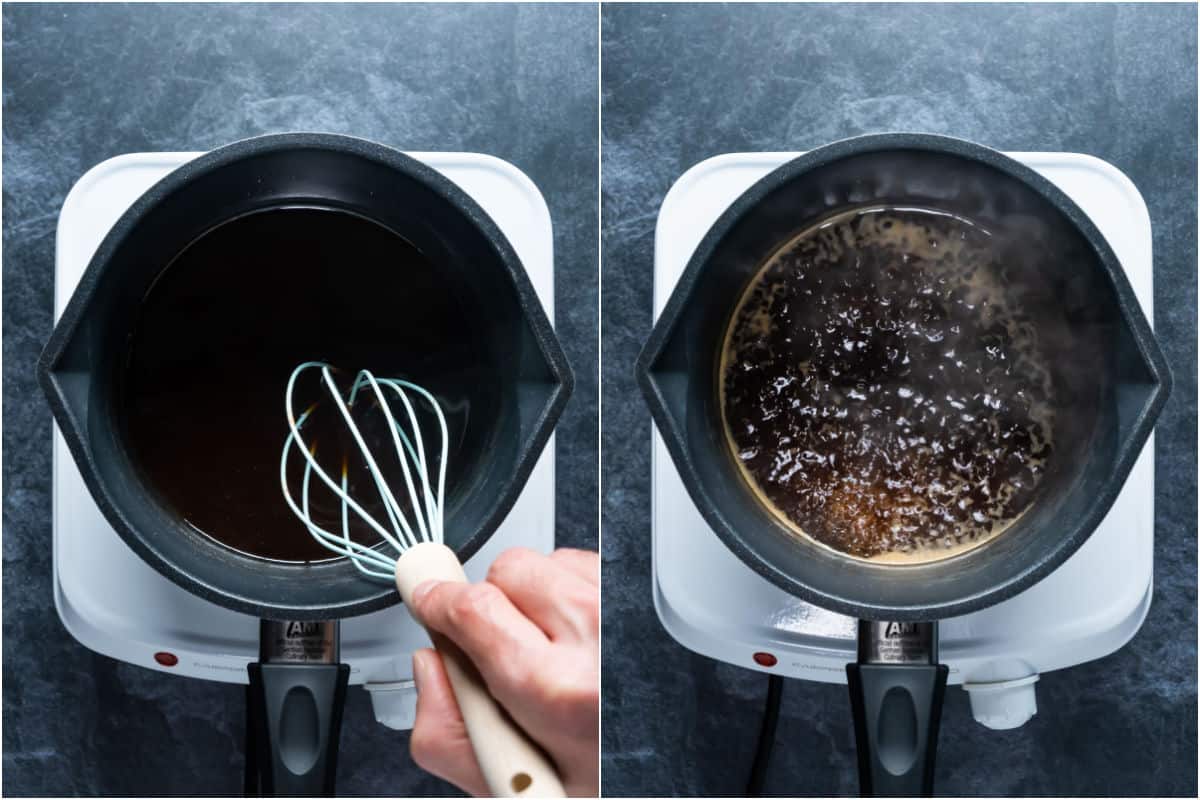 Two photo collage showing whisking the sauce and then bringing to a simmer.
