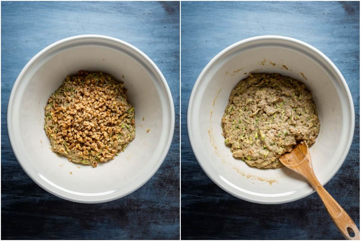 Collage of two photos showing chopped walnuts added to mixing bowl and folded into batter.