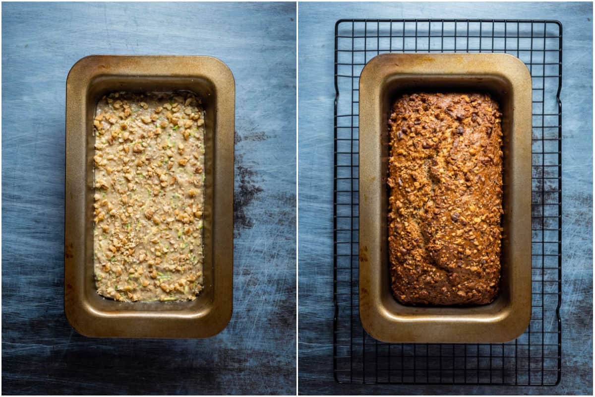Collage of two photos showing zucchini bread before and after baking.