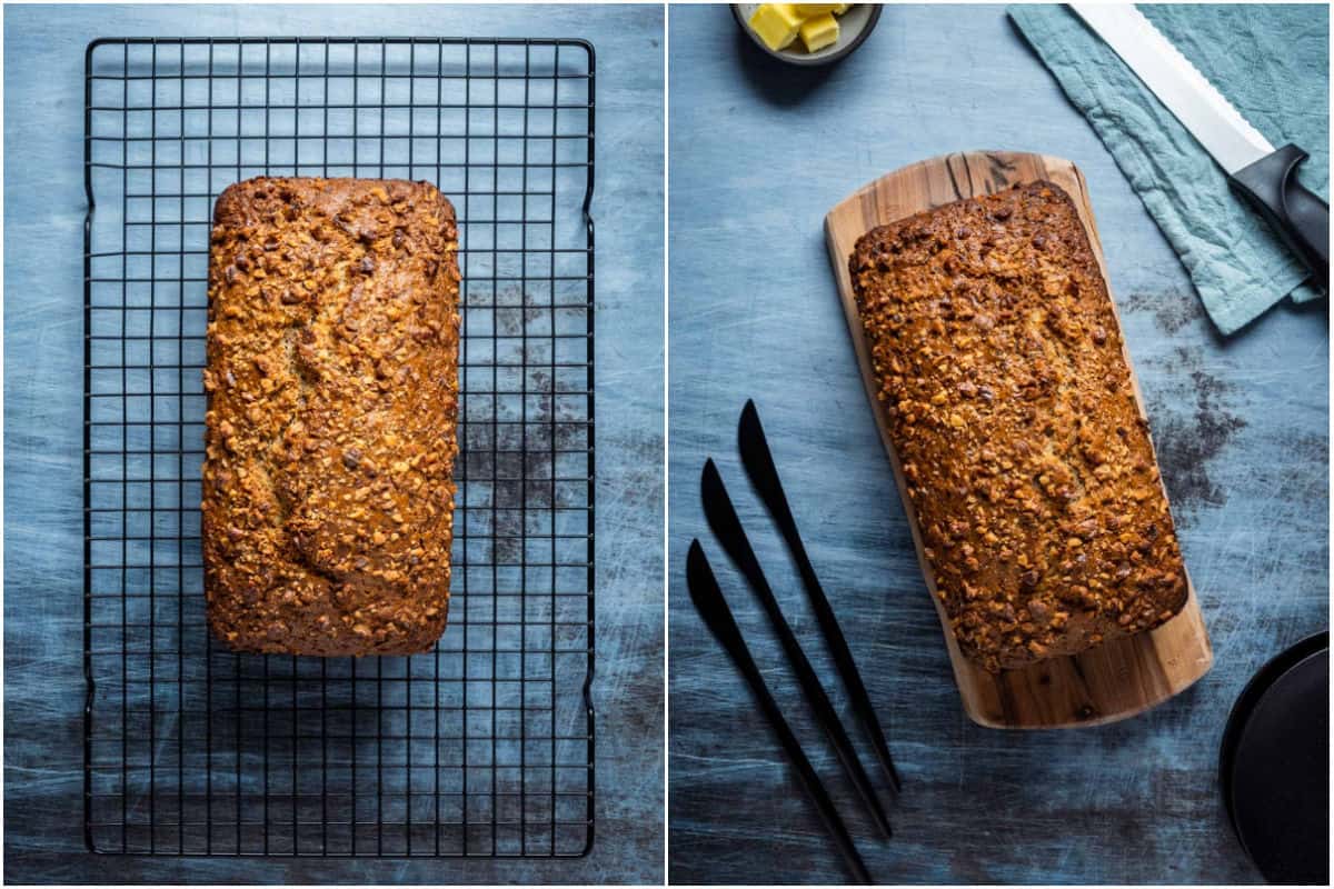 Collage of two photos showing zucchini bread cooling on wire rack and then on a wooden board ready to slice.