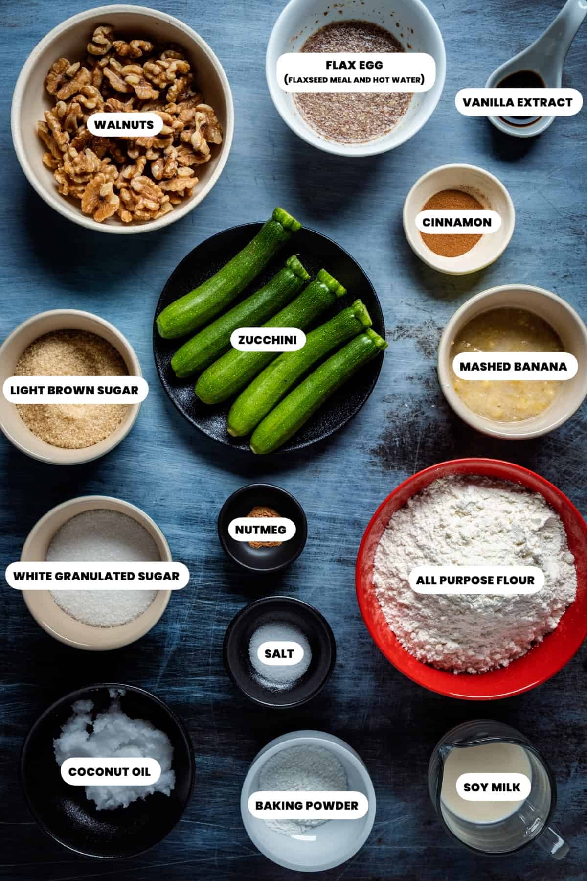 Photo of the ingredients needed to make vegan zucchini bread.